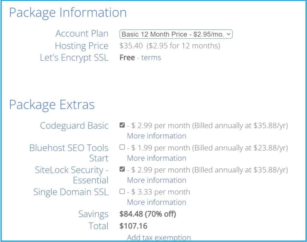 Bluehost Package Information