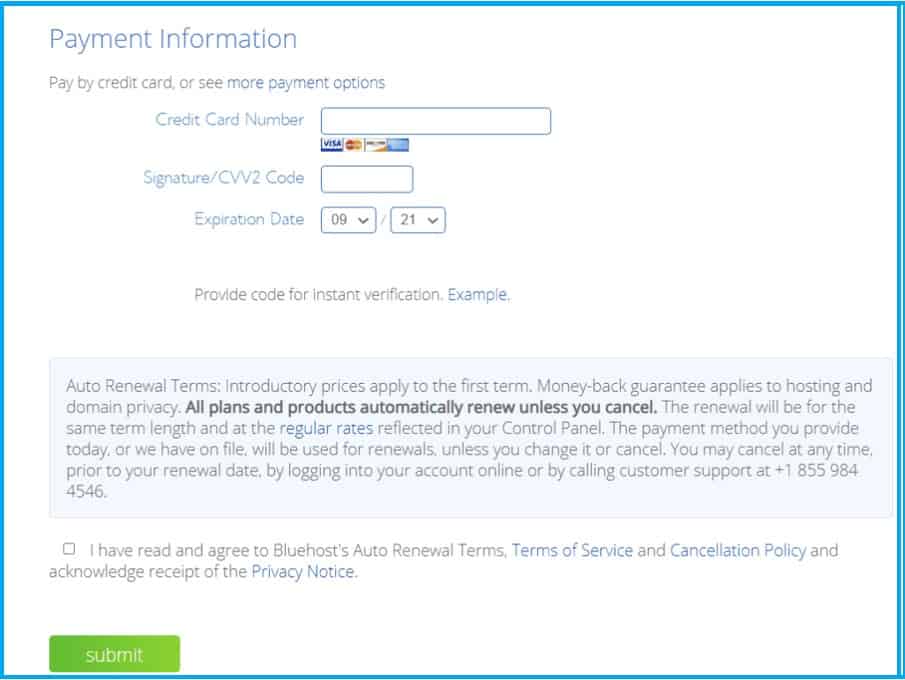 Bluehost Payment Information