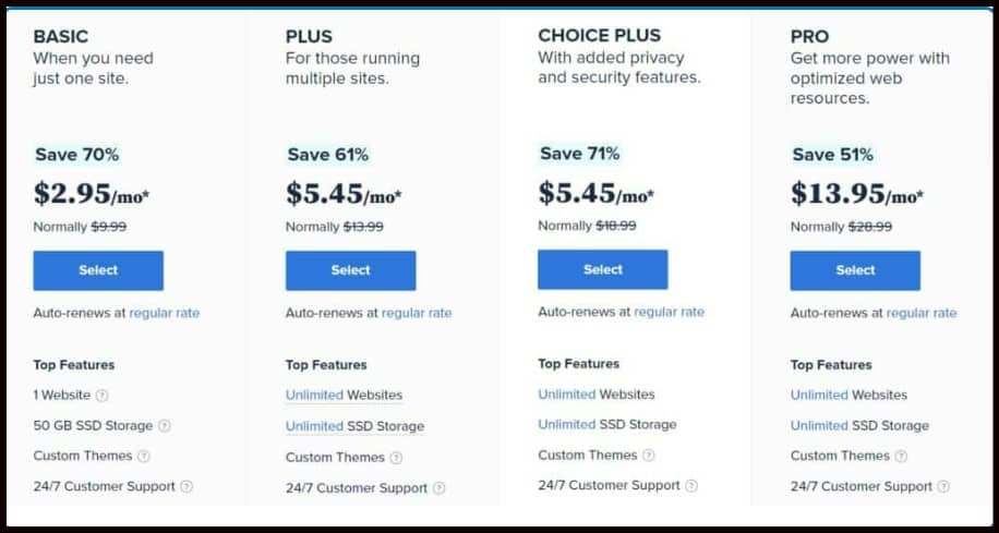 Bluehost pricing list.