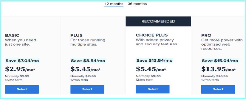 Bluehost shared hosting plan pricing