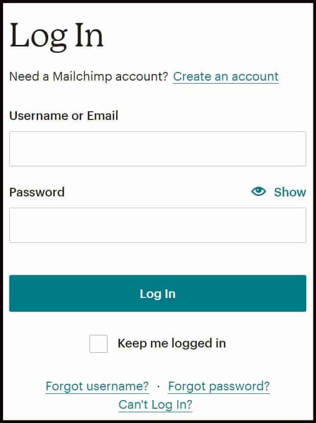 Mailchimp Log in page.