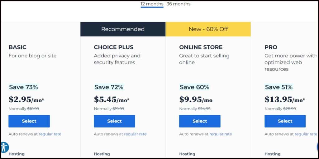 BlueHost pricing 