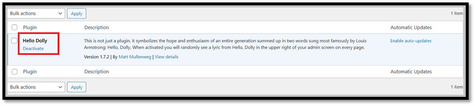 How Hello Dolly WordPress Plugin Looks like in WordPress Dashboard as installed