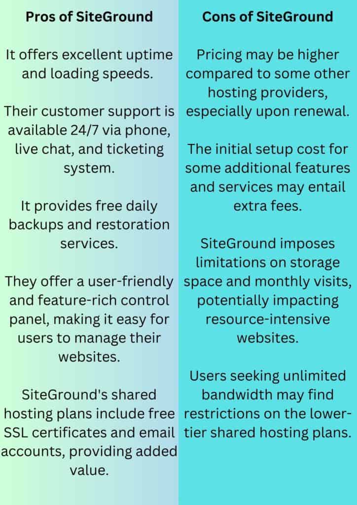 Pros and Cons of SiteGround Plan